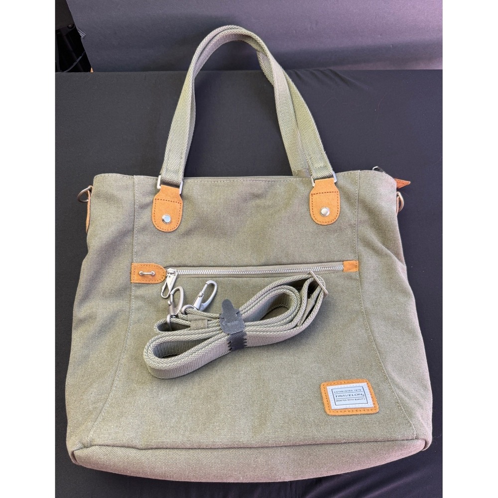 Travelon Heritage Tote Bag Green Canvas Crossbody Travel Work Commuter RFID